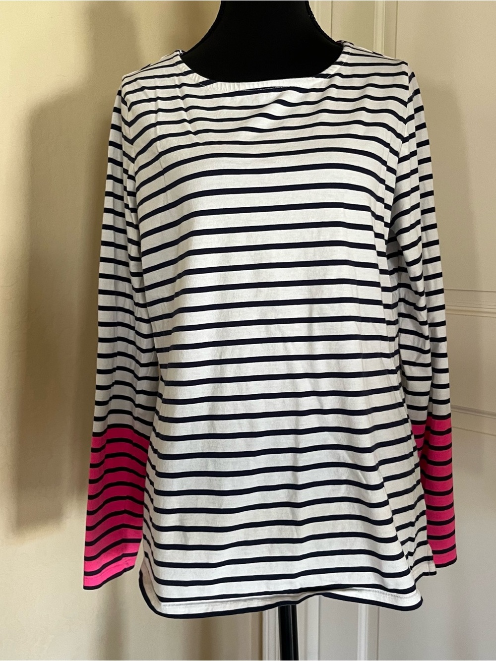 Boden Navy-and-White Striped Long Sleeve Tee with Pink Sleeve Accent